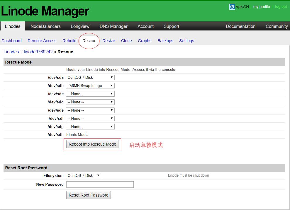 Linode VPS 安装 Windows 2008 R2系统示例教程步骤3启动“Rescue”模式 