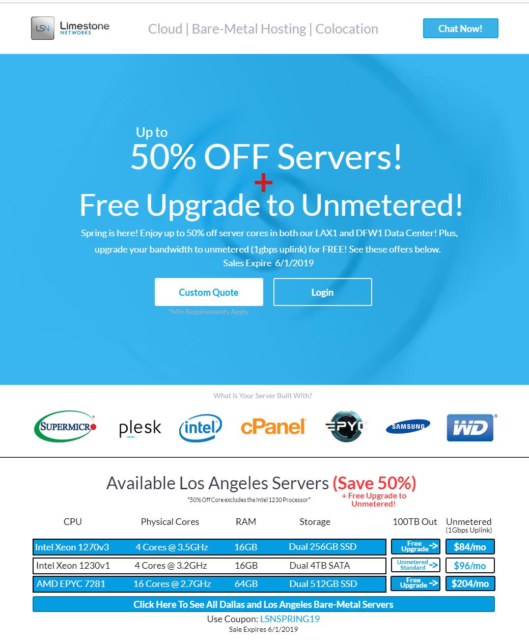 limestonenetworks独服最新促销1Gbps带宽，不限流量，低至$80/月可选洛杉矶/达拉斯机房-国外主机测评