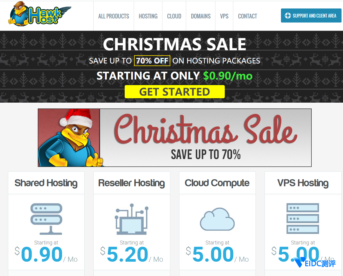 HawkHost圣诞节促销：香港云主机/美国虚拟主机三折，cPanel面板，无限流量，150元/2年-国外主机测评