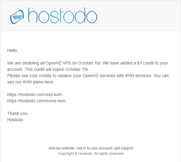 Hostodo：官方正式宣布在10月1日放弃OpenVZ\赠送1USD用于替换KVM服务-国外主机测评