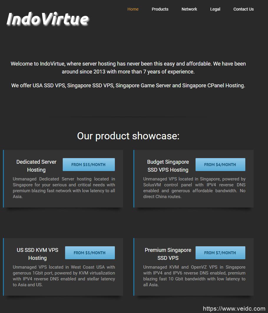IndoVirtue：$7/月/1GB内存/20GB SSD空间/400GB流量/10Gbps端口/OpenVZ/KVM/新加坡直连-国外主机测评