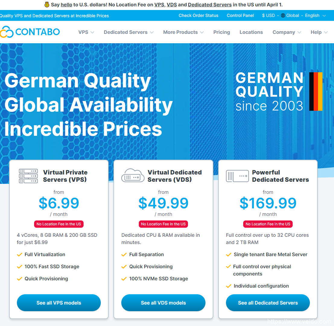 Contabo：4月1日前美国VPS和独立服务器免除设置费/ 美国4H8G 200G SSD 200M带宽不限流量仅4.99€/月-国外主机测评