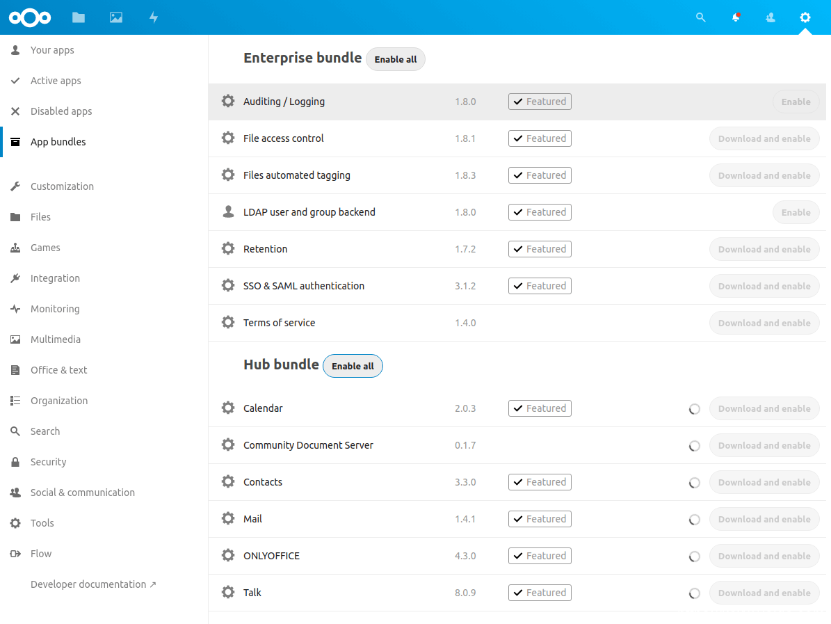 在Nextcloud中激活应用程序包