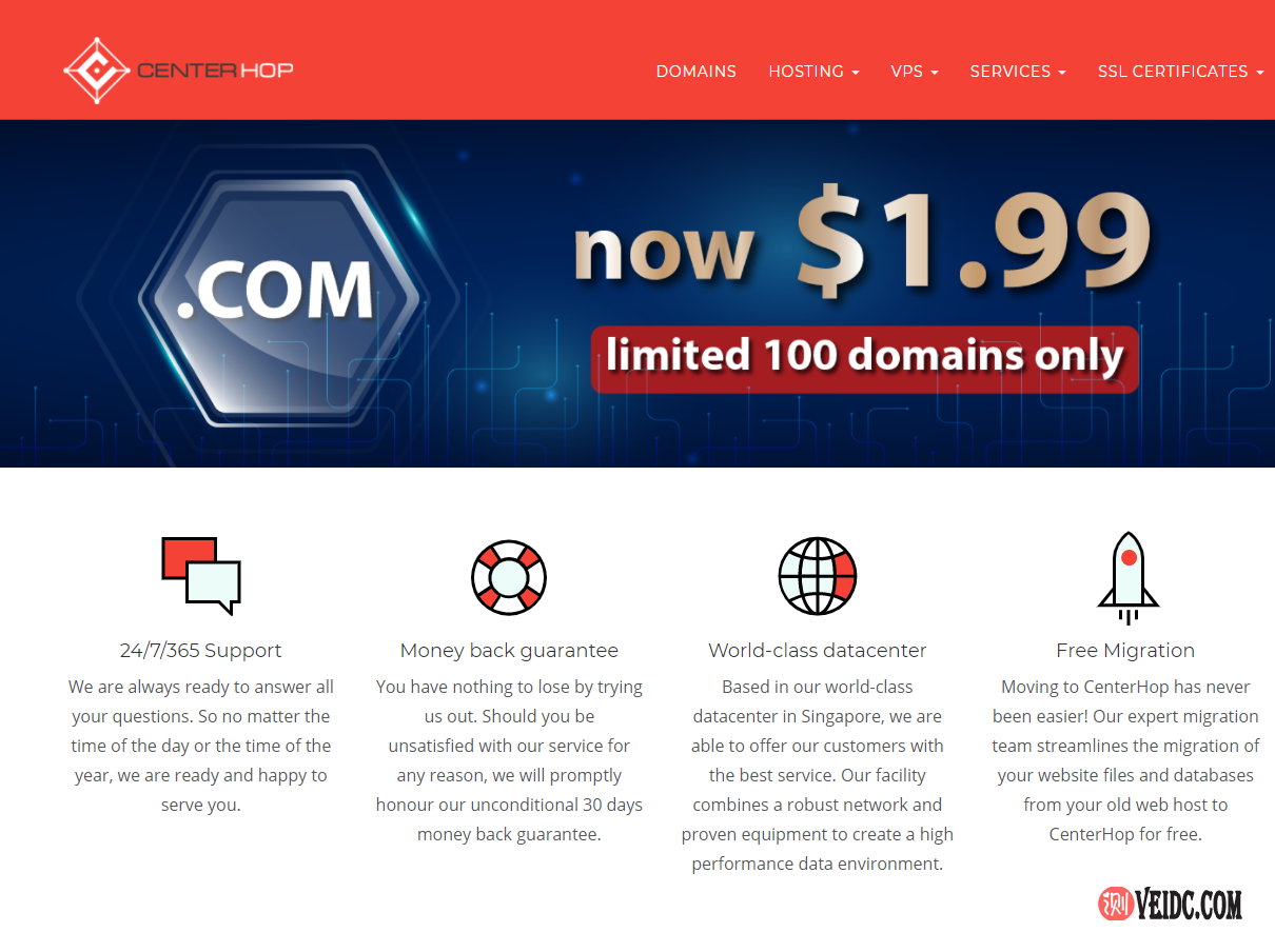 CenterHop优惠：.com域名注册仅1.99美元/年，限量100名新用户，新加坡VPS月付2美元起-国外主机测评