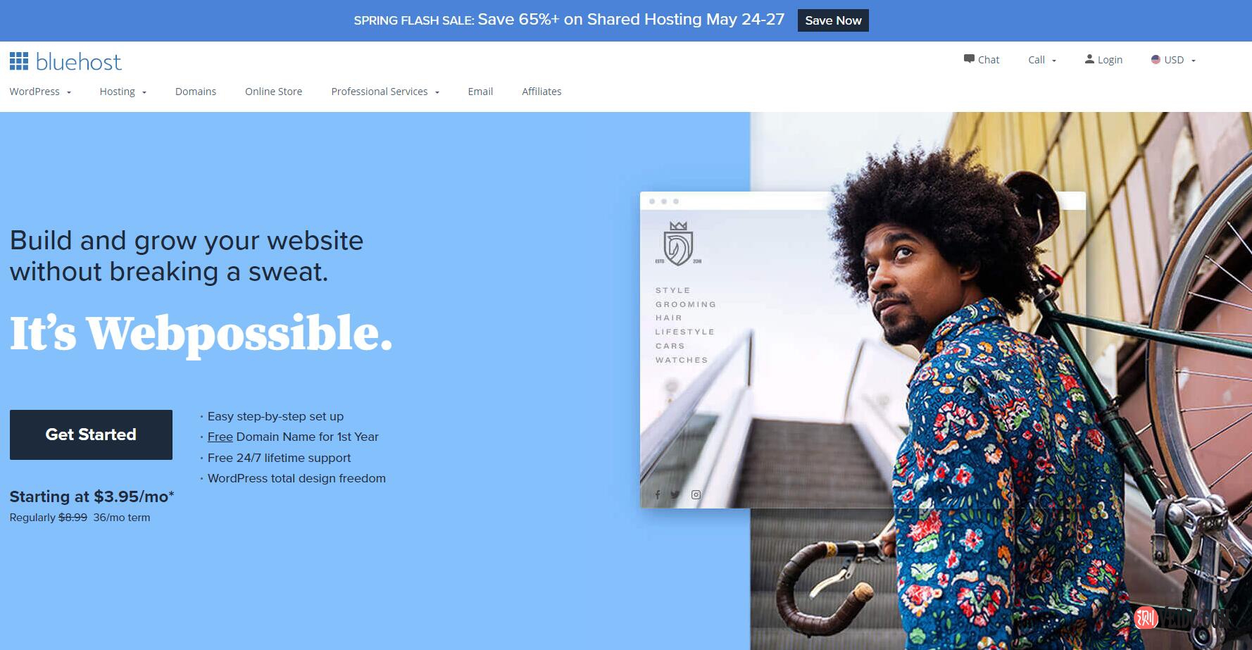 Bluehost春季闪购：5月24-27日虚拟主机优惠65%以上，35.4美元/年起，送一年免费主流域名/附购买教程-国外主机测评