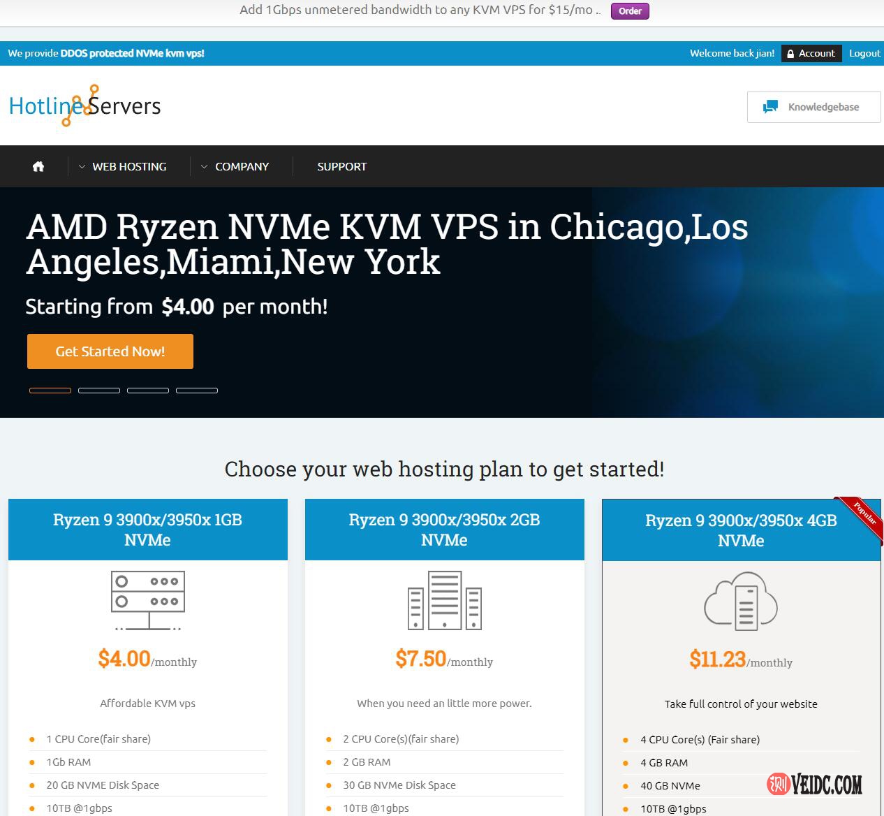 Hotlineservers：美国AMD Ryzen高性能VPS/可选洛杉矶/芝加哥/纽约/迈阿密机房/月付$3起/大盘鸡存储VPS月付$2.4/起-国外主机测评