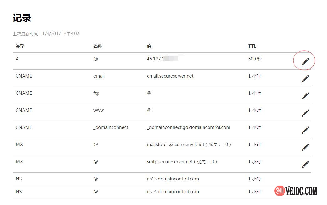 GoDaddy域名解析记录