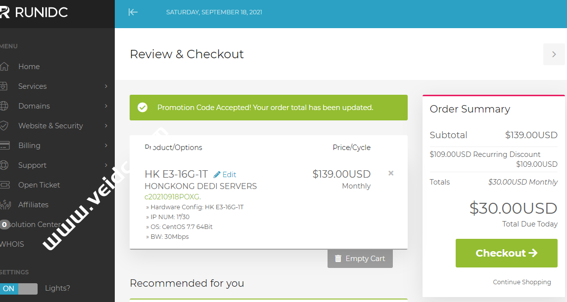 RUNIDC LLC：香港独立服务器甩卖，E3/16G/1T/30M，折后月付30美元-国外主机测评