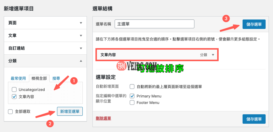 WordPress文章 ：将分类新增至菜单中
