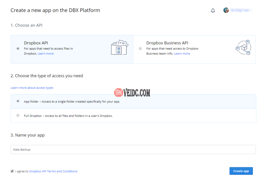 Dropbox Create a new app