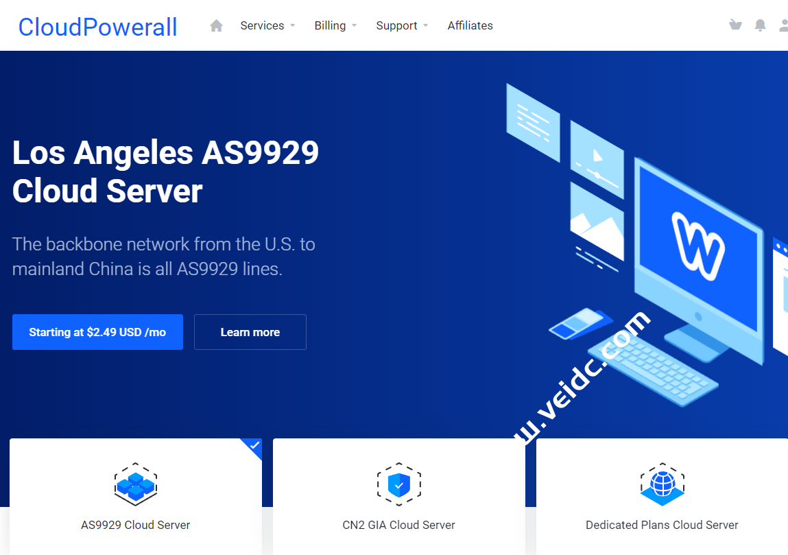 CloudPowerall：洛杉矶CN2 GIA云服务器$36.99/年起，洛杉矶联通高级版(AS9929)$8.99/月起-国外主机测评