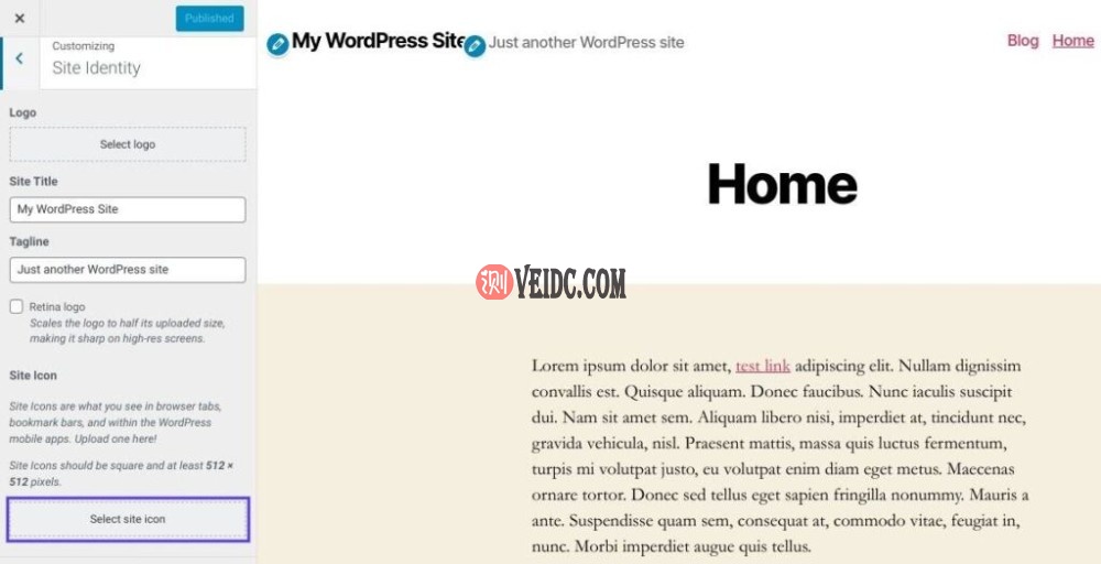 WordPress定制器中的“选择站点图标”按钮