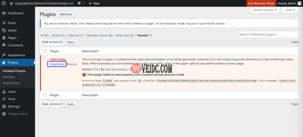 在恢复模式下停用插件