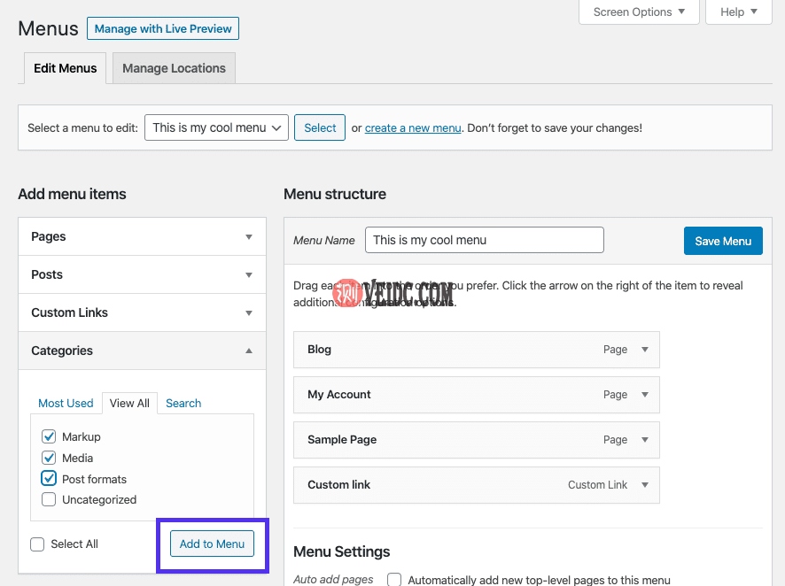 将分类添加到菜单