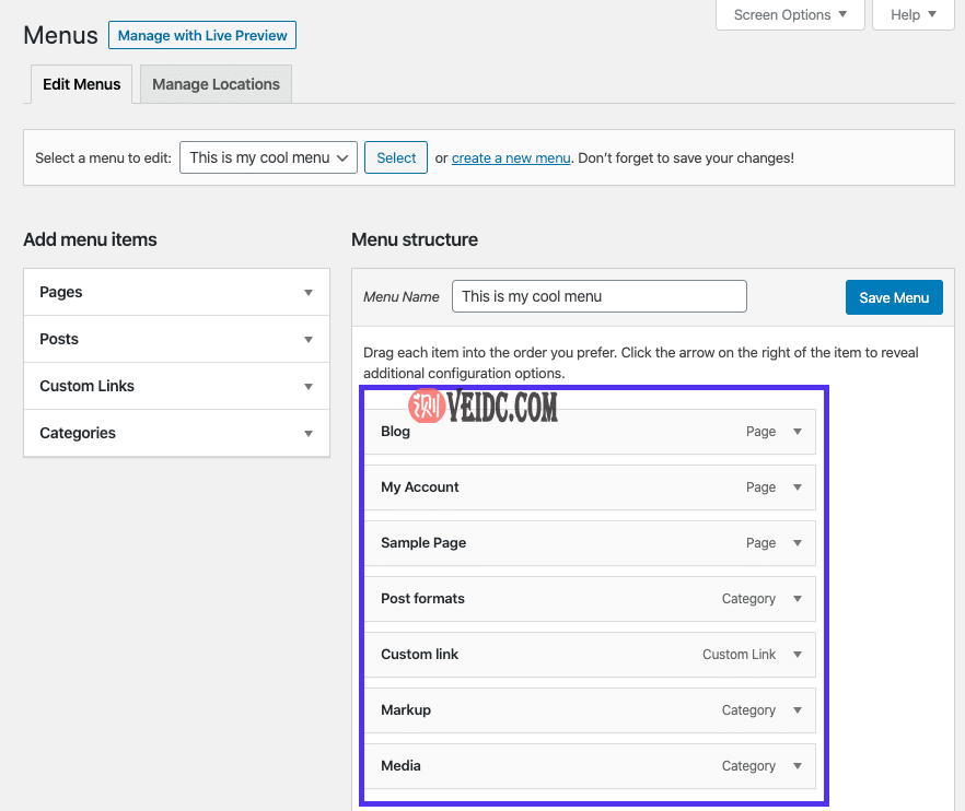 菜单编辑器的菜单结构部分
