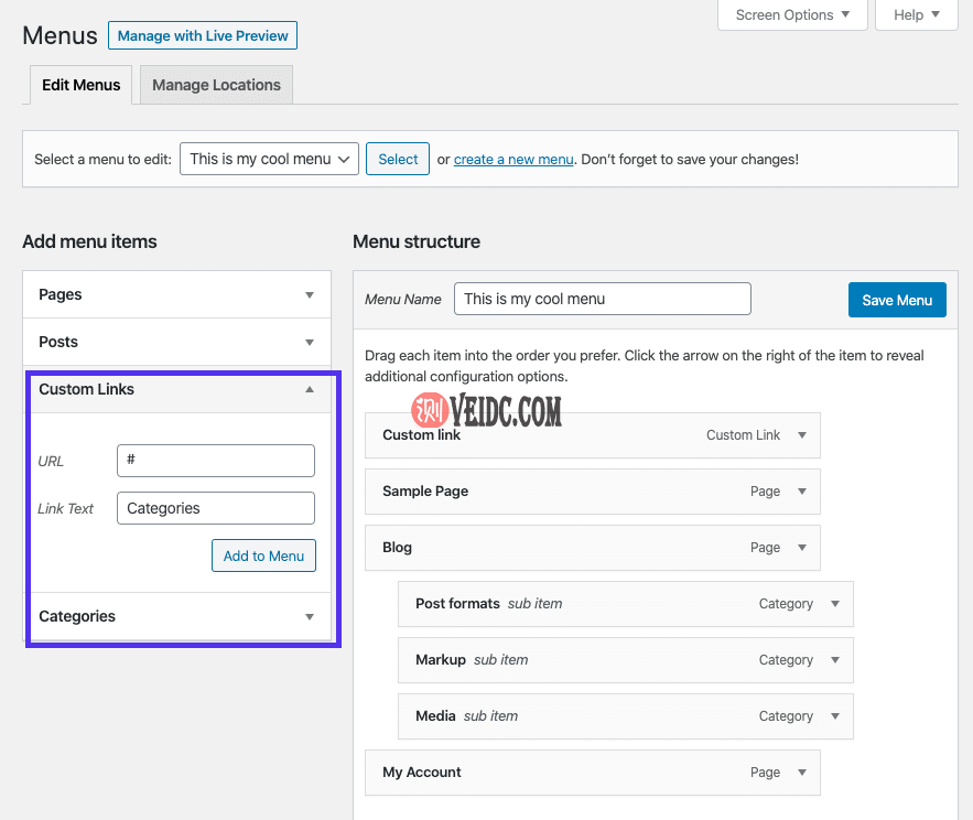 为菜单创建类别标签