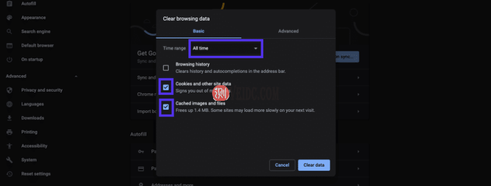 选中该框以清除cookie和缓存的图像