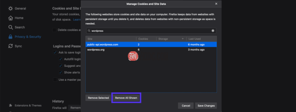 单击“删除所有显示”按钮删除所有cookie