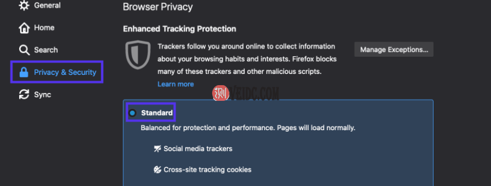确保为增强跟踪保护选择了标准选项