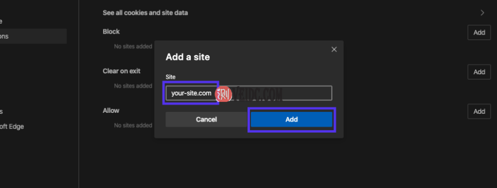 输入您的站点，然后单击“添加”按钮