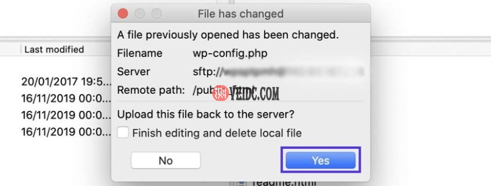 当询问您是否要上传更改后的文件时单击是