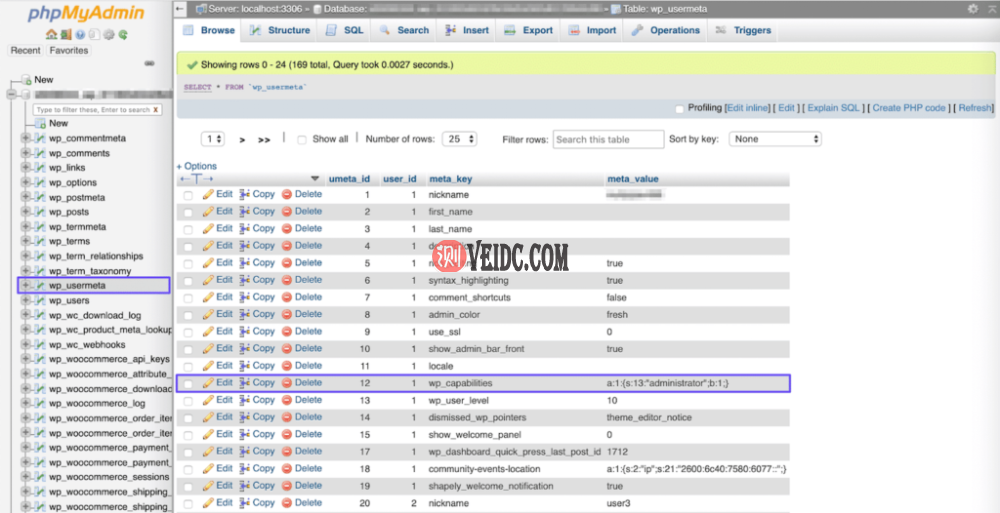 phpMyAdmin中的wp_usermeta表