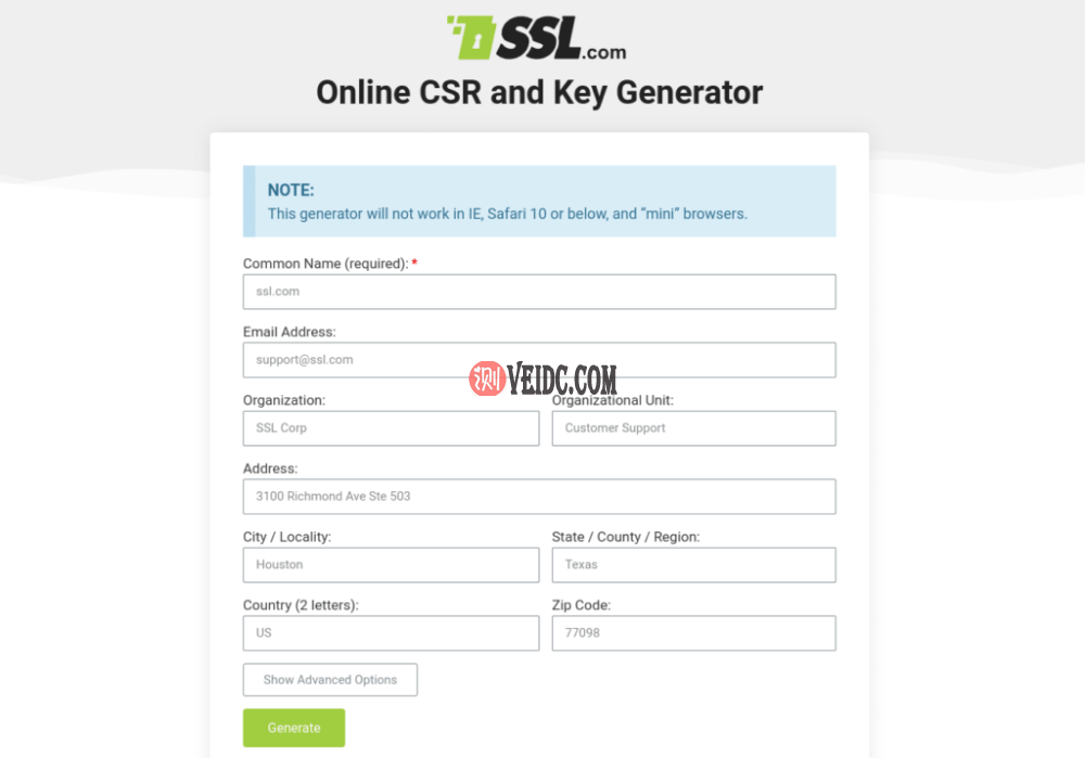 在线CSR和密钥生成器表单