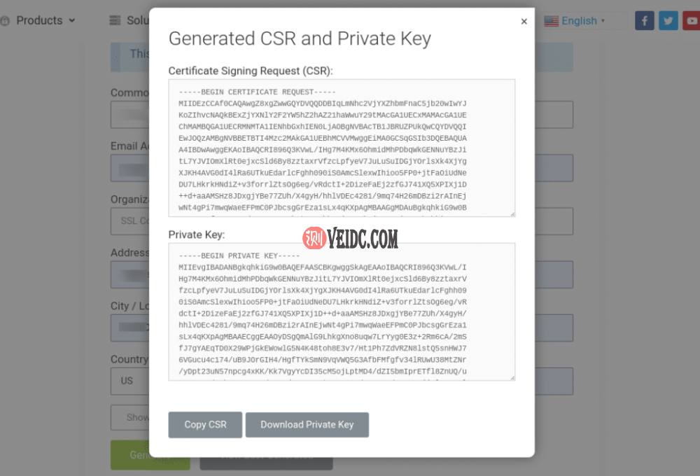 从SSL.com生成的CSR和私钥