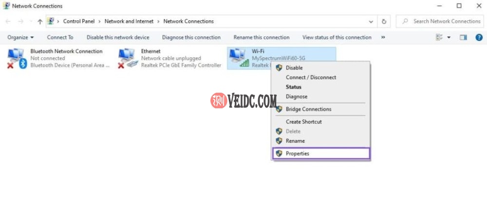 Windows中的网络连接属性菜单选项