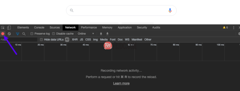 确保“网络”选项卡上的录制按钮为红色
