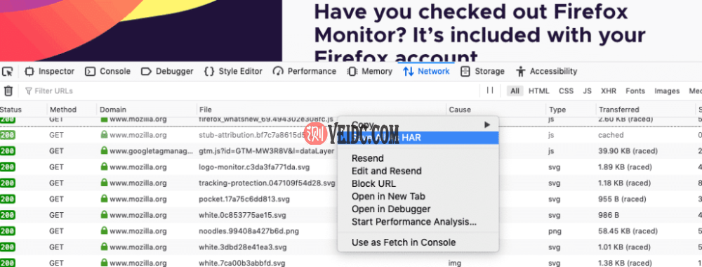 右键单击并选择保存HAR文件