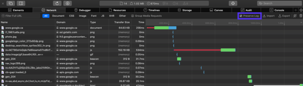 在“网络”选项卡上选中保留日志的选项
