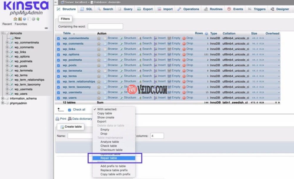 在phpMyAdmin中修复数据库