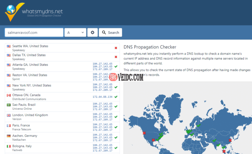 在whatsmydns.net上检查您的域的DNS传播