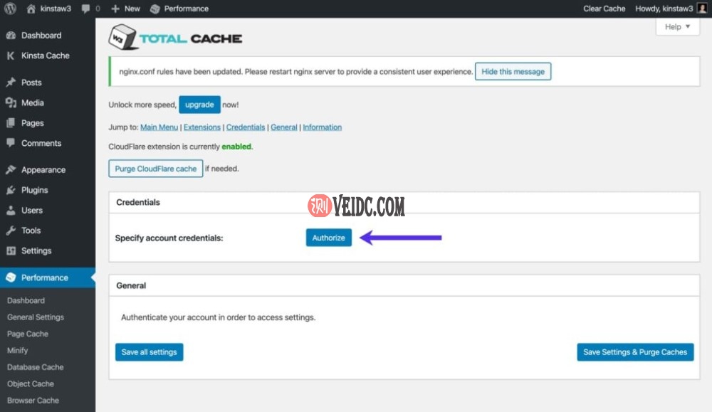 在W3 Total Cache中授权Cloudflare