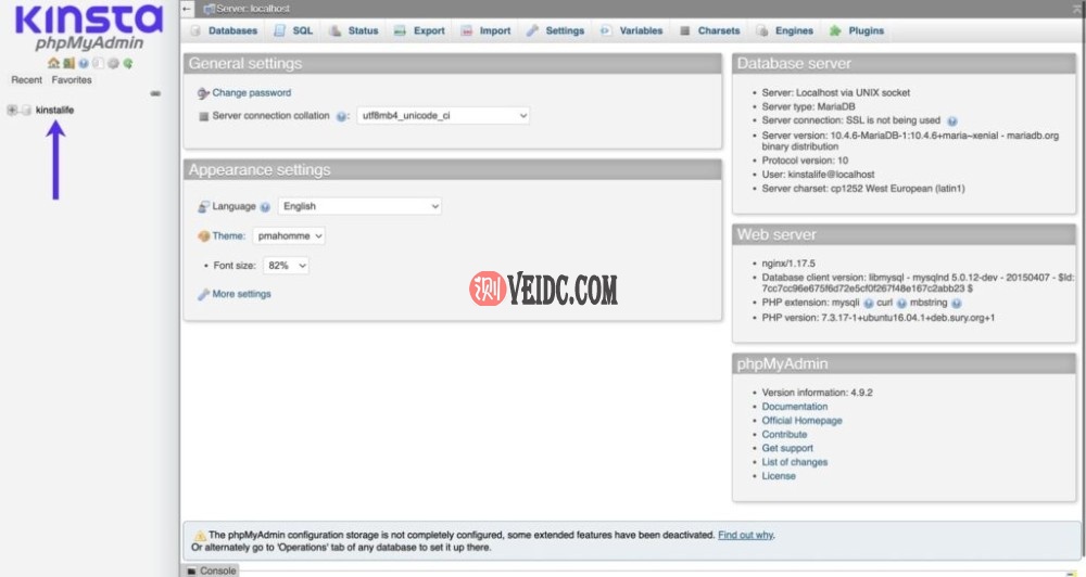 在phpMyAdmin中单击站点的MySQL数据库