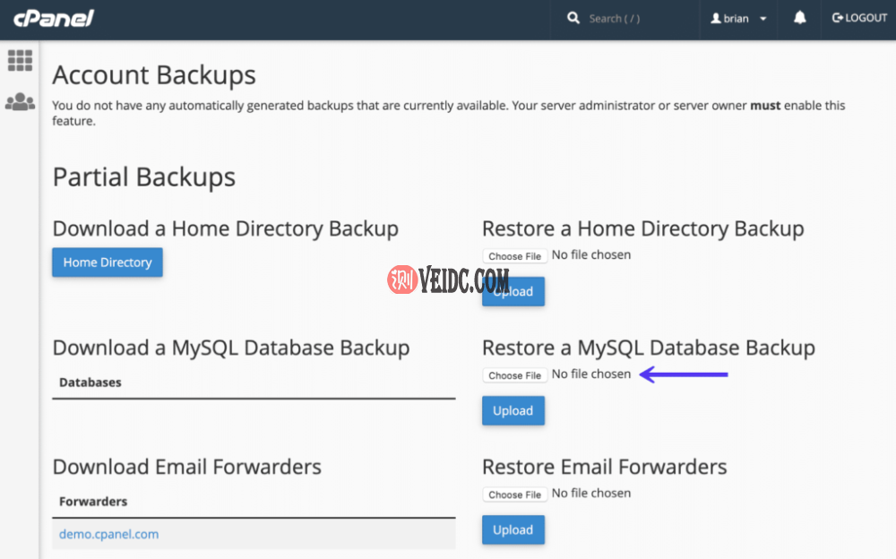 cPanel恢复MySQL数据库备份