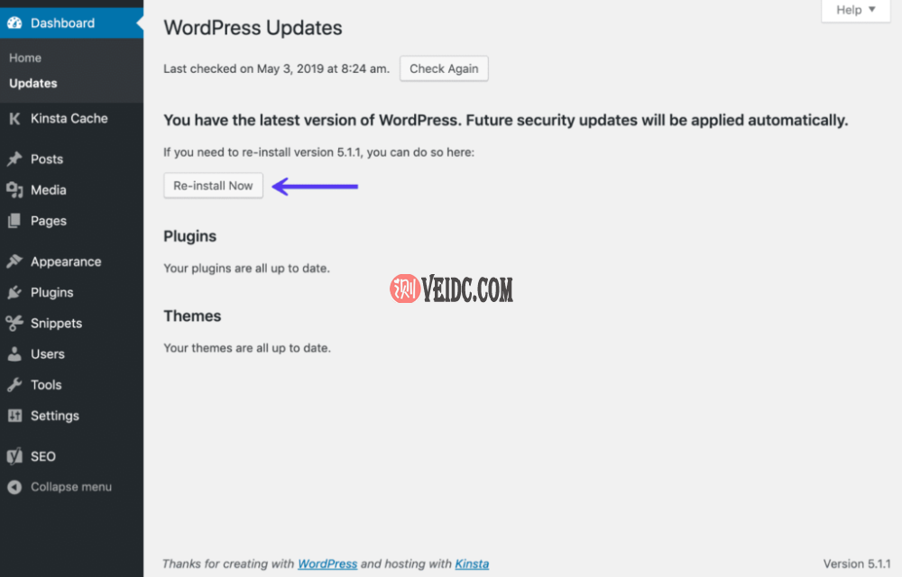 WordPress仪表盘立即重新安装选项