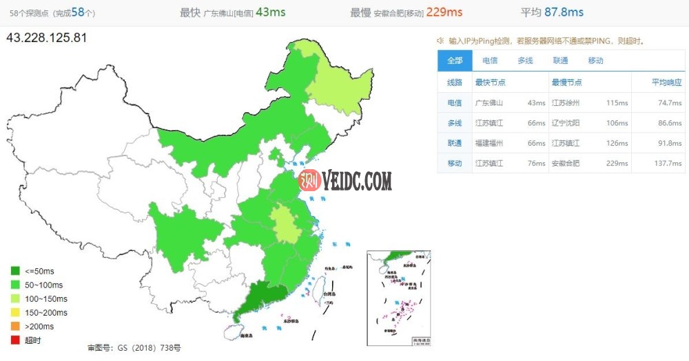 LayerStack 新加坡CN2 GIA VPS 全国Ping测试