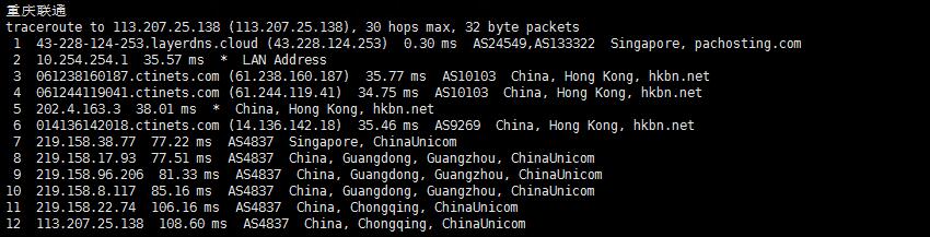 LayerStack 新加坡CN2 GIA VPS联通回程路由测试