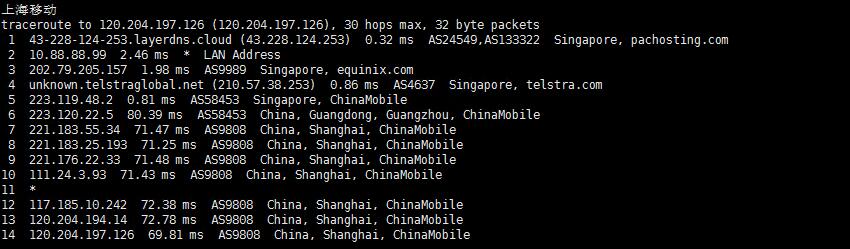 LayerStack 新加坡CN2 GIA VPS移动回程路由测试