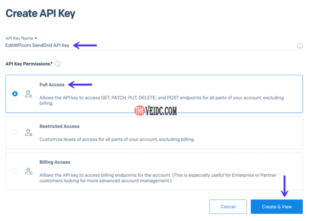SendGrid创建API密钥