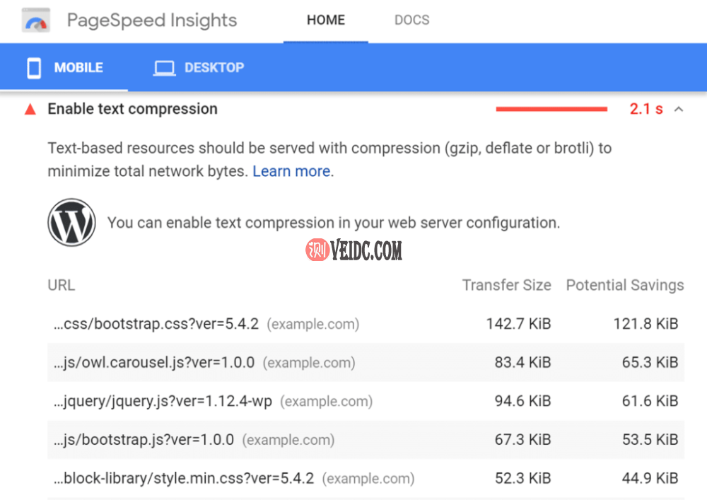 Google PageSpeed Insights中的“启用文本压缩”警告