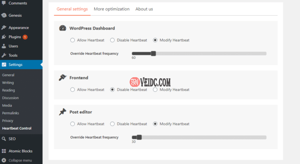 Heartbeat Control插件的“常规设置”仪表盘