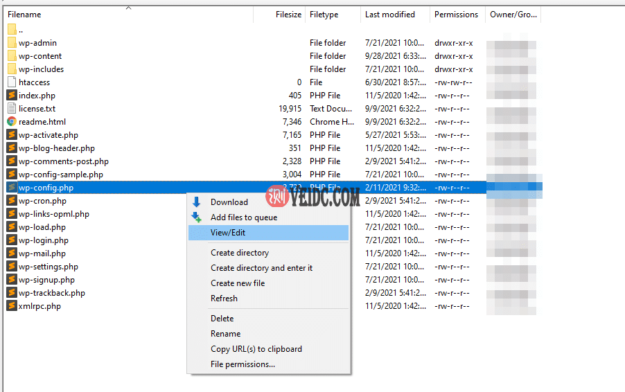 编辑wp.config文件