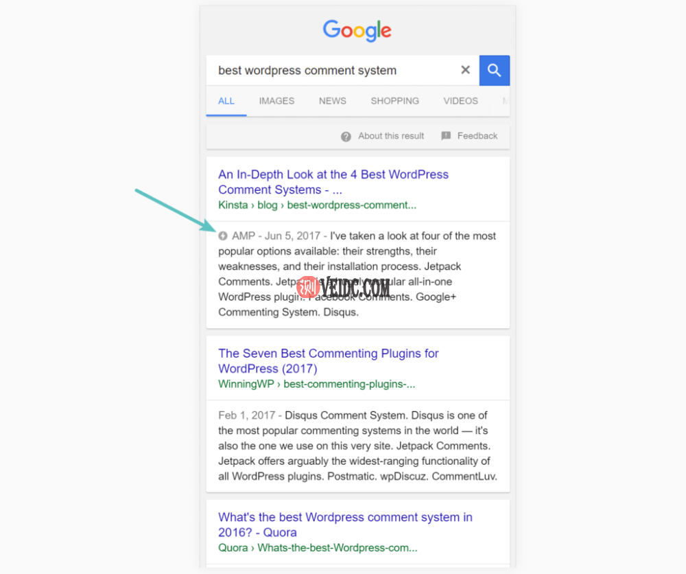 SERP中Kinsta AMP的示例