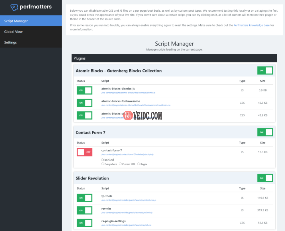 Perfmatters插件中的脚本管理器