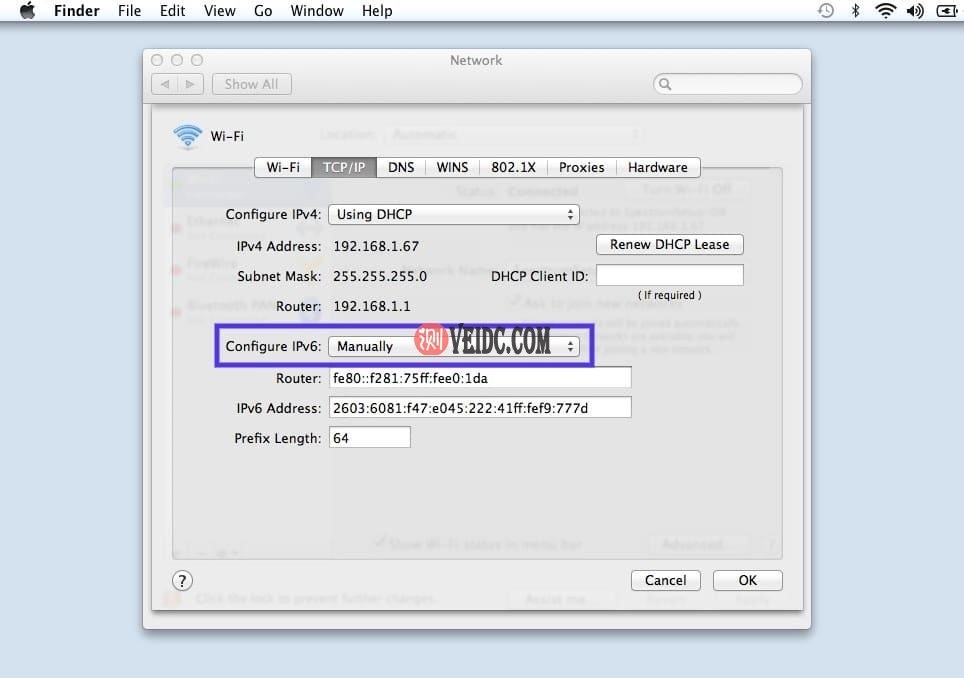配置IPv6并选择手动