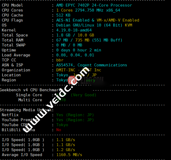 DMIT：日本PVM.TYO.Lite型VPS怎么样？三网强制移动CMI线路-国外主机测评