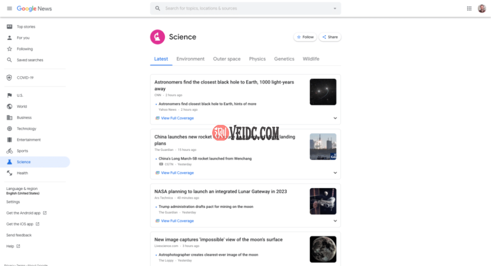 Google新闻上的科学故事示例页面